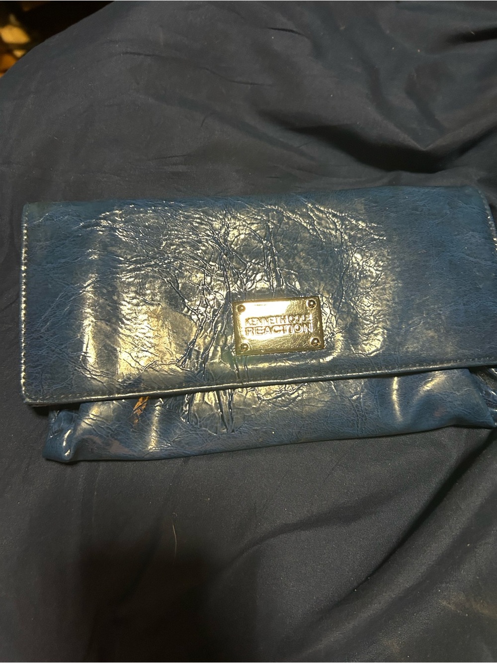 Kenneth Cole Reaction Glossy Navy Blue Foldover Clutch with Gold Plate
